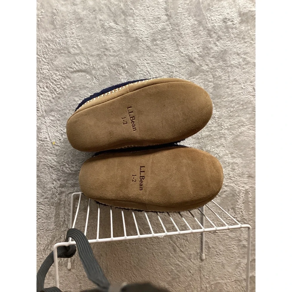 LL Bean‎ Kids Navy Blue Sherpa Lined Moccasin Slippers Size 1-2